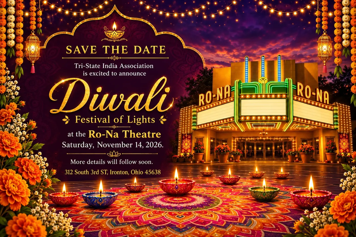 Save the date: the Tri-State India Association's Diwali, Festival of Lights, at the Ro-Na Theatre on Saturday, November 14, 2026, with glowing diya lamps, marigold garlands, and a lit theater marquee