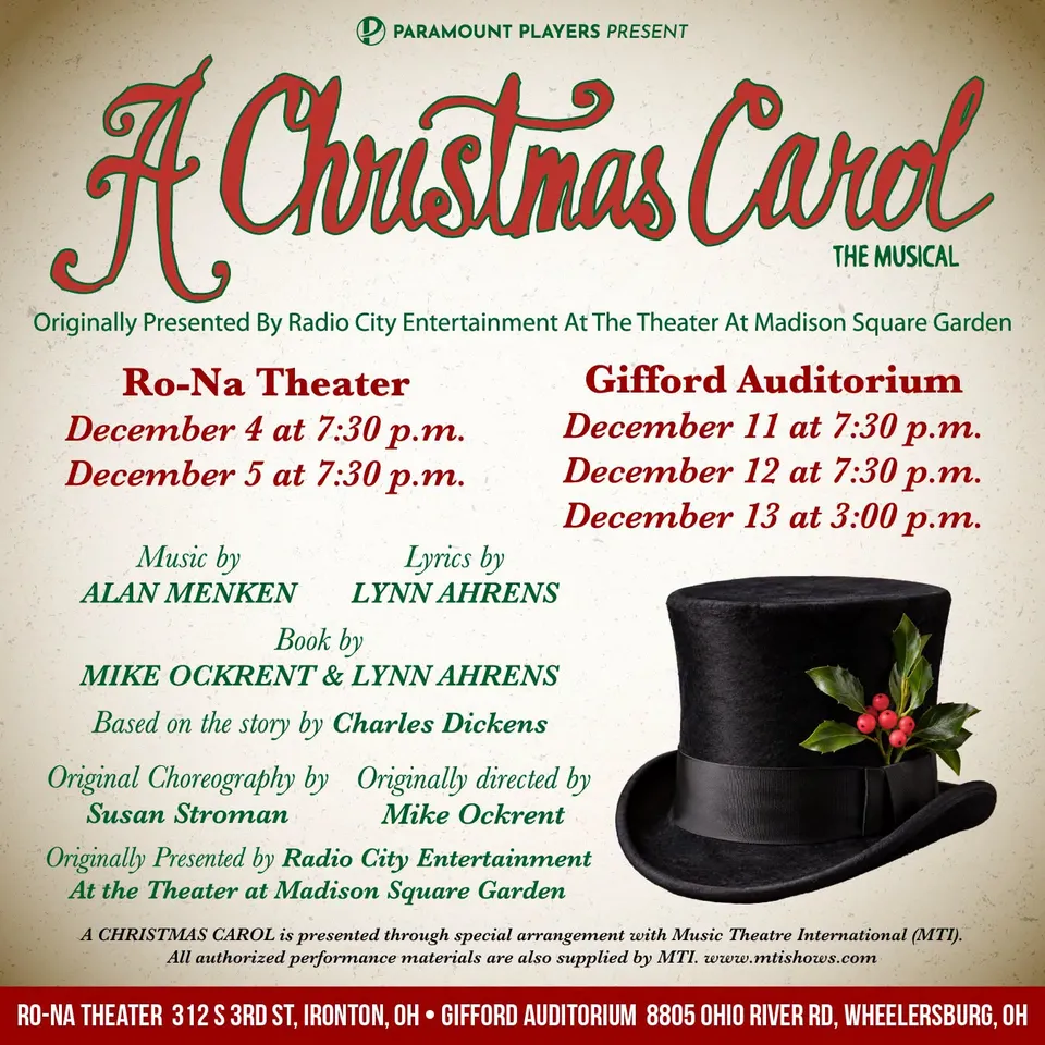 Full poster for A Christmas Carol: The Musical with Ro-Na Theater dates December 4 and 5 and Gifford Auditorium dates December 11 through 13