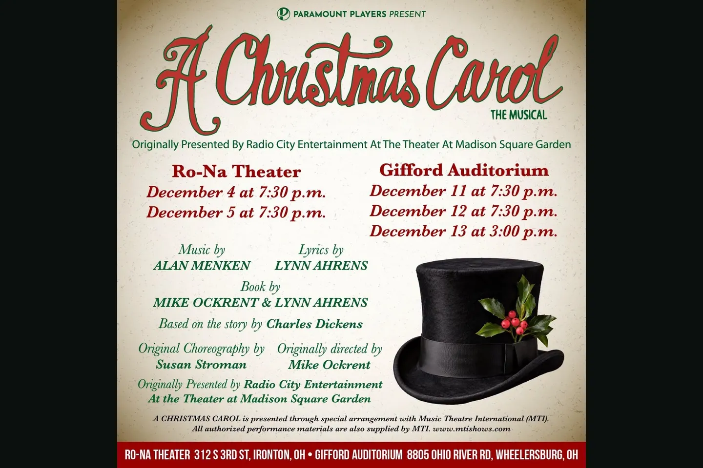 Paramount Players present A Christmas Carol: The Musical, Ro-Na Theater, December 4 and 5 at 7:30 p.m.