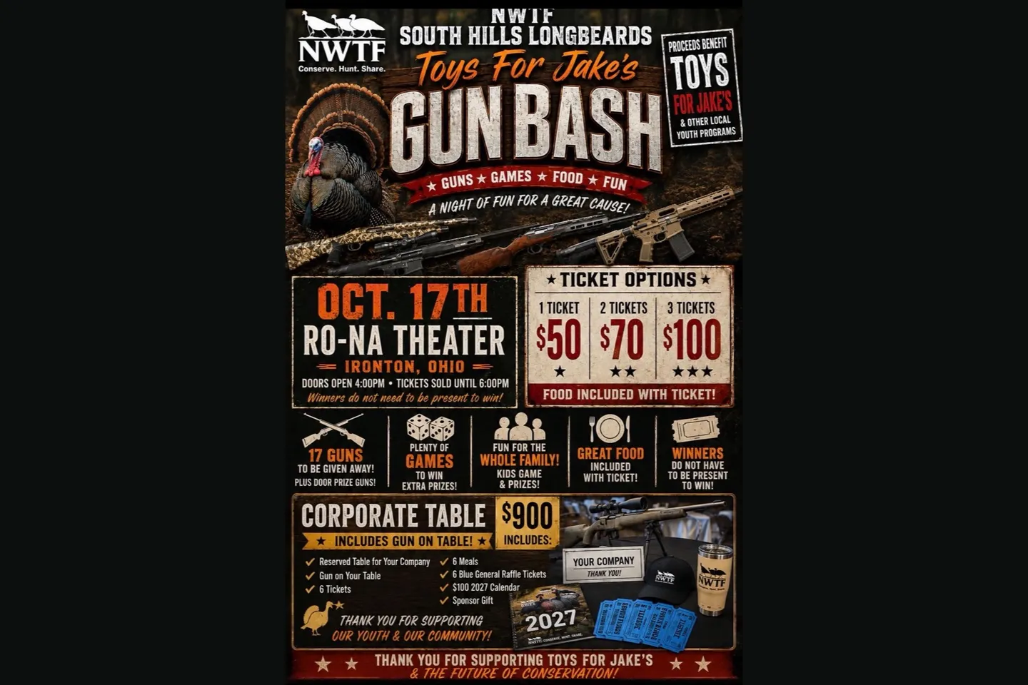 Toys for Jake's Gun Bash flyer: October 17 at the Ro-Na Theater, doors open 4 PM, tickets 1 for $50, 2 for $70, 3 for $100