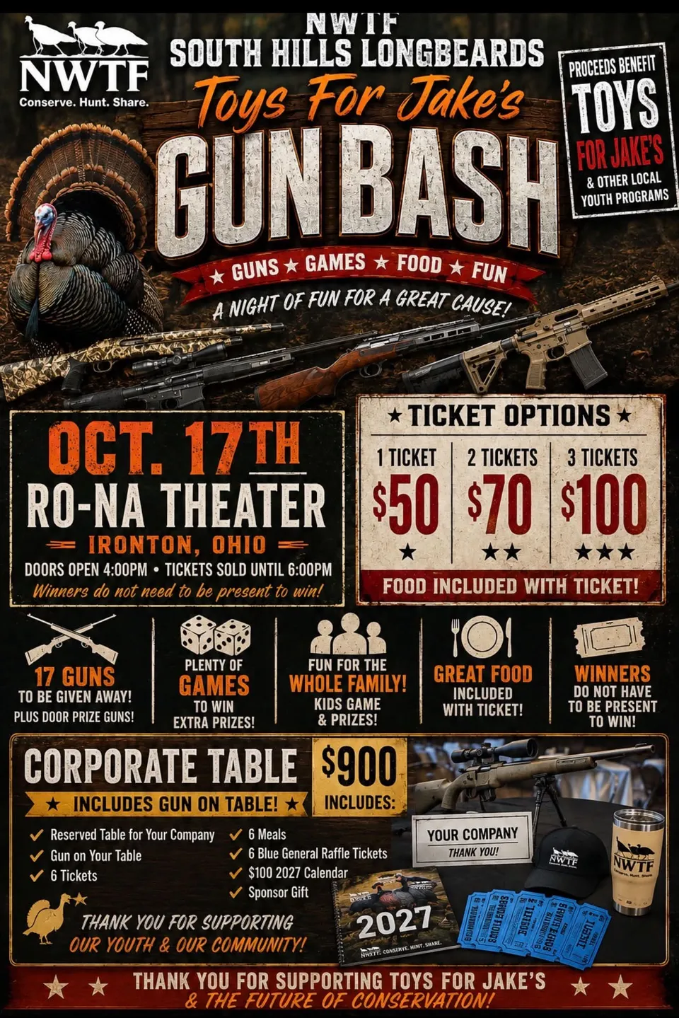 Full Gun Bash flyer from NWTF South Hills Longbeards with ticket options, 17 guns to be given away, and $900 corporate table details