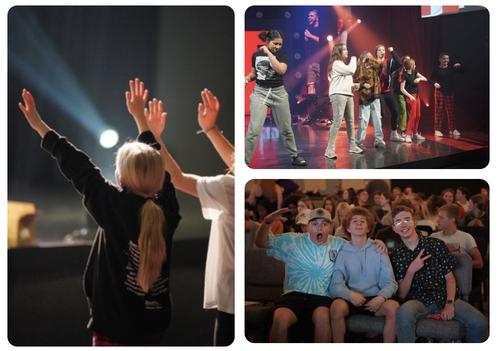 Be Hope youth nights: students with hands raised in worship, a group dancing on a lit stage, and three teens laughing in theater seats